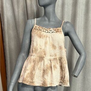 Aerie Y2K Babydoll Top Tie Dye Tan Square Neck Boho Lagenlook Crochet Flowy Sz L